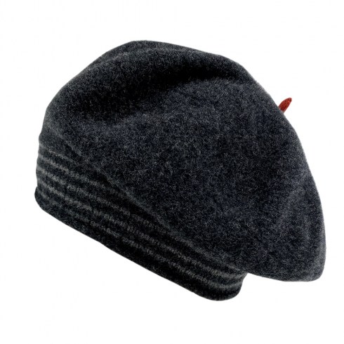 charcoal beret with grey stripes and red filial